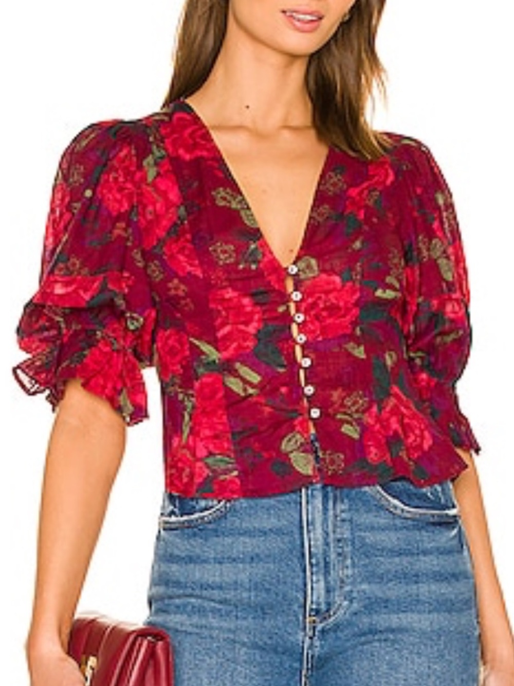 NWT Free People I Found You Floral V-Neck Puff Sleeve Blouse Wine Red XS